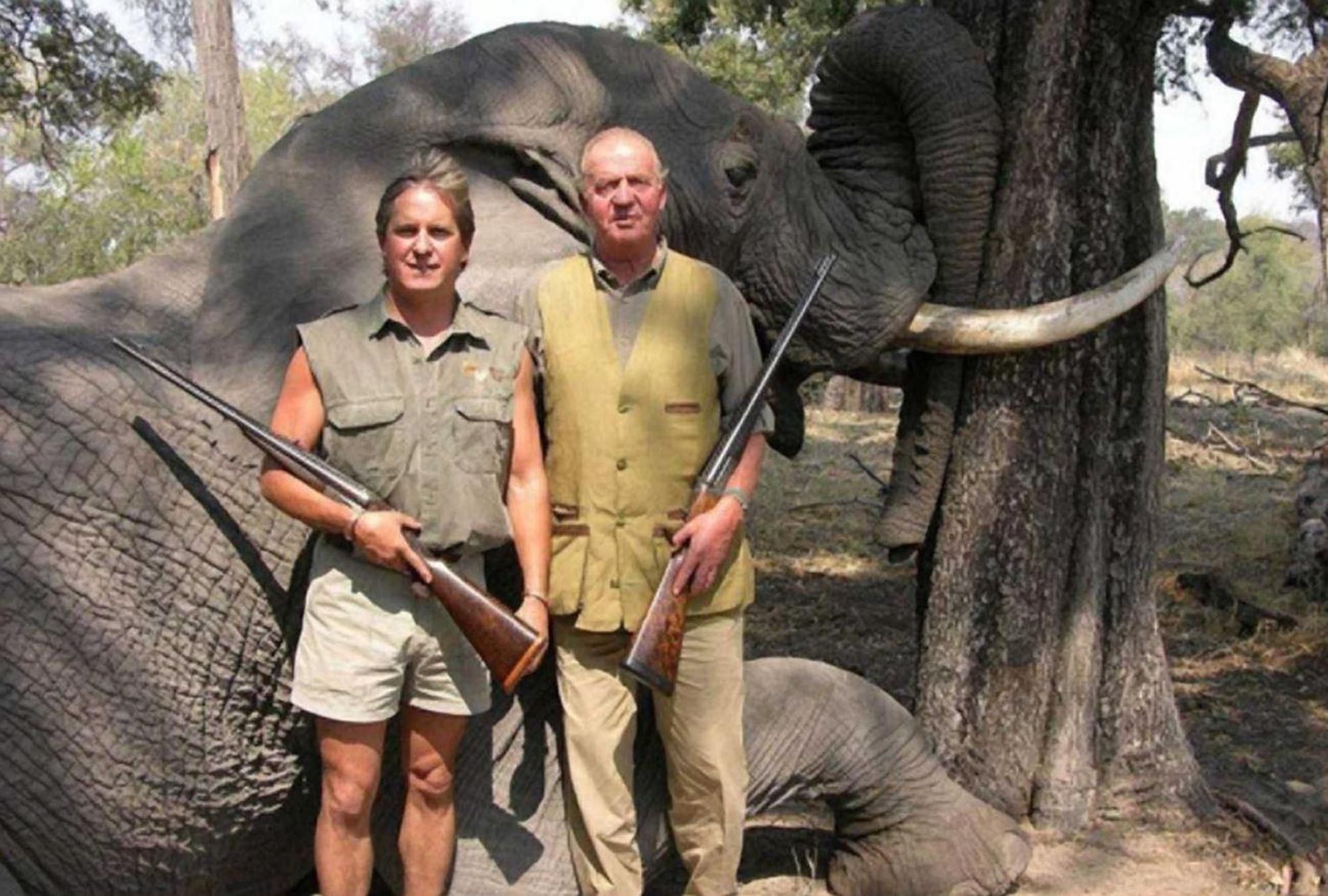 Der spanische König Juan Carlos posiert in Freizeitkleidung mit einem Gewehr vor einem toten Elephanten, neben ihm ein anderer Jäger.